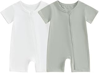 Merqwadd Baby Boy Girl 2 Pack Romper Short Sleeve Zipper Jumpsuit Plain Summer Clothes