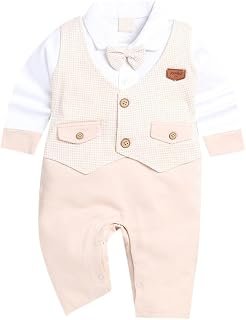 Hopscotch Boys Cotton Check Romper in Beige Color