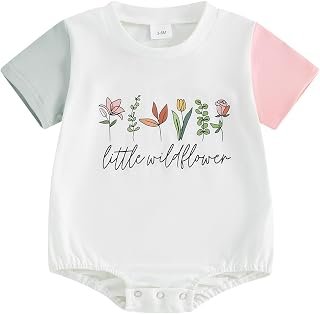 Youweixiong Newborn Infant Baby Girl Romper Bubble Short Sleeve Little Wildflower Bodysuit Color Block Oversized Tshirt Tops