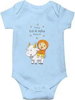 THE PRINT PLATTER Eid-al-Adha Mubarak Unisex Sage Blue Half Sleeve Baby Romper With Print | Bakri Eid Romper 100% Organic ...