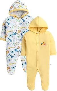 Pooja Baby Front Open Full Sleeves Sleepsuit Hooded with Foot Easy Dressing and Diapering Romper Set of 2