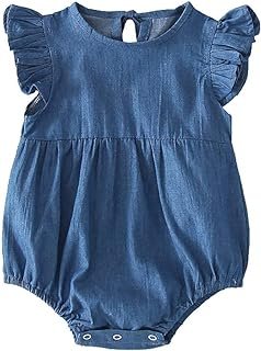 Slowera Baby Infant Toddler Girls Denim Ruffled Bodysuit Blue Soft One-Piece Romper