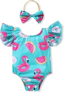Sponsored Ad - MINIFEIKO Toddler Baby Girl Swimsuit Infant Girls One Piece Ruffle Bathing Suit with Headband