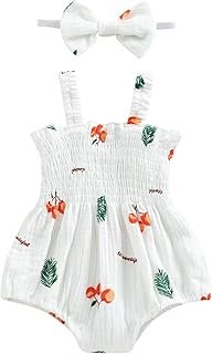 Tsseiatte Newborn Baby Girl Summer Bodysuit Print One Piece Ruffle Strap Romper Jumpsuit Cotton Linen Playsuit with Headband