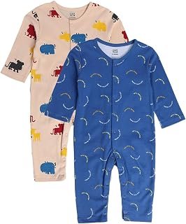 Mini Klub Baby Front Open Long Sleeve Full Length Knitted Cotton Romper, Pack of 2 (Ivory/Blue Color)
