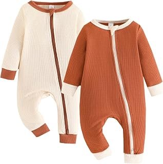 Bafeicao Unisex Baby Boy Girl 2 Pack Rompers Long Sleeve Two Way Zipper Romper One Piece Jumpsuits Clothes Sets