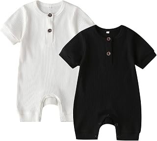 Highnesson-ww Infant Baby Boy Girl 2 Pack Solid Romper Ribbed Knit Short Long Sleeve One Piece Jumpsuit Clothes