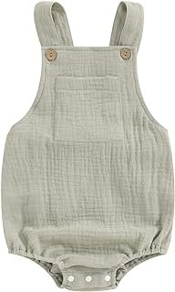 Sasaerucure Baby Cotton Linen Overalls Solid Color Sleeveless Square Neck Backless Romper for Boys Girls