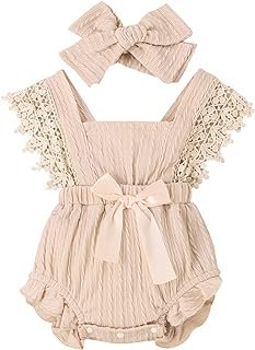 Yoawdats Baby Girl Lace Romper Sleeveless Ruffle Bow Decorated Romper Jumpsuit Bodysuit with Headband Newborn Baby Clothes