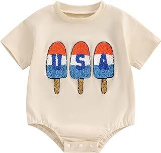 Baby Girl Boy 4th Of July Outfit Embroidery USA Shirt Onesie Fourth of July Bubble Romper Bodysuit Clothes
