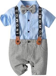 Hopscotch Baby Boys Cotton and Spandex Half Sleeves Applique Bow Solid Romper in Blue Color