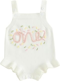 Bonangber Baby Girl Half 1st Birthday Outfit Sleeveless Knit Sweater Onesie Embroidery Romper Infant Cake Smash Outfit
