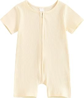 Sponsored Ad - Lamuusaa Newborn Baby Girl Boy Summer Outfit Ribbed Romper Bodysuit Short Sleeve Zipper Jumpsuit Gender Neu...