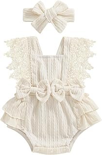 FOMOYUU Infant Baby Girl Lace Romper Boho Clothes Photography Outfits Sleeveless Bow Romper with Headband