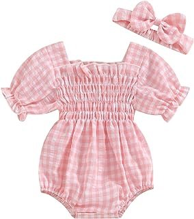 ZAXARRA Infant Baby Girl Plaid Romper Baby Pleated Romper Ruffle Festival Bodysuit Spring Summer Clothes with Headband