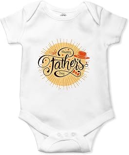 THE PRINT PLATTER White Unisex Half Sleeve Baby Romper With Print | Happy Father's Day White Romper 100% Organic Cotton Ba...