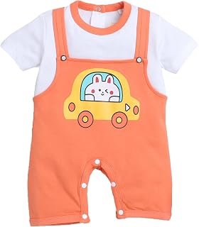 BUMZEE Orange & White Boys Half Sleeves Thigh Length Romper (Peb9043)