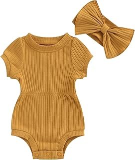 Sponsored Ad - FOMOYUU Newborn Baby Girl Clothes Summer Short Sleeve Jumpsuit Romper with Bow Headband Knit Ribbed Outfits
