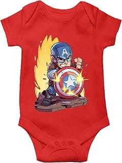 THE PRINT PLATTER Red Unisex Half Sleeve Baby Romper With Print | Captain America Red Romper 100% Organic Cotton Baby Romp...