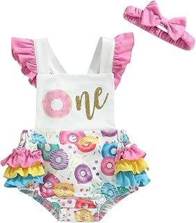Sponsored Ad - Puloru Toddler Baby Girl First Birthday Outfit Ruffle One Print Backless Romper Bodysuit Cake Smash Clothes
