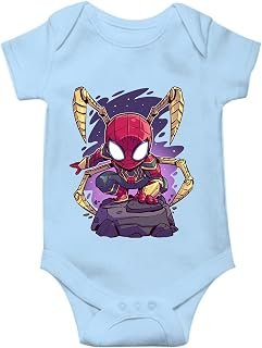 THE PRINT PLATTER Iron Spider Unisex Ice Blue Half Sleeve Baby Romper With Print | Comic Hero Romper 100% Organic Cotton B...