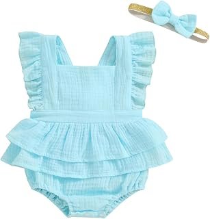 MERSARIPHY Newborn Baby Girl Summer Outfit Linen Ruffle Bubble Romper Dress One Piece Bodysuit Jumpsuit Infant Summer Clothes