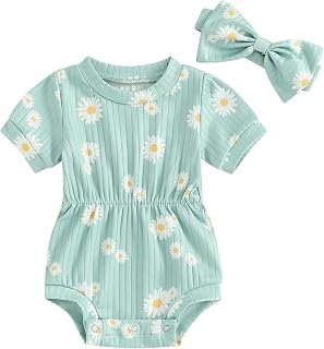 Madjtlqy Newborn Baby Girl Summer Bubble Romper Short Sleeve Daisy Bodysuit with Headband Infant Girl Floral Print Jumpsuit