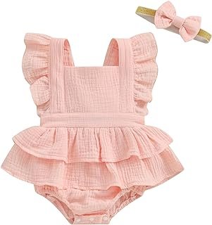 Pivanzore Infant Girl Romper Baby Girl Cotton Linen Romper Fly Sleeve Bodysuit Newborn Girl Summer Clothes with Headband