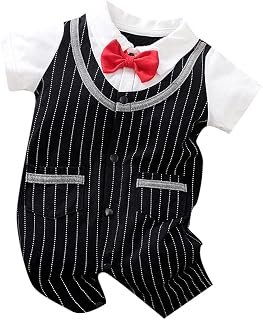 Hopscotch Baby Boys Cotton Half Sleeves Applique Bow Vertical Printed Romper in Black Color