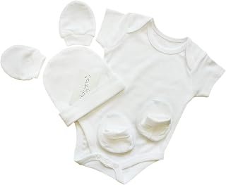 Picksparrow Cotton Newborn Baby Rompers, Cap, Booties, Mittens Set/Newborn Essentials (Solid White, Pack of 4)