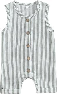Infant Baby Boys Girls Cotton Linen Jumpsuits Sleeveless Button Down Striped Short Overalls Romper Summer Fall Outfits