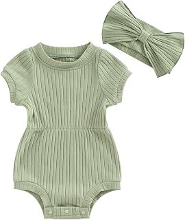 Sponsored Ad - FOCUSNORM Baby Girl Summer Clothes Ribbed Short Sleeve Romper Solid Color Bodysuits Bow Headband Outfit New...