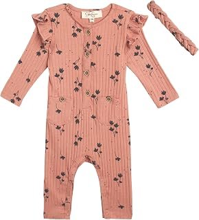 Jessica Simpson Baby Girls' Romper - Overall Jumpsuit with Hat or Headband - Long Sleeve Bodysuit for Newborns/Infants, 0-24M