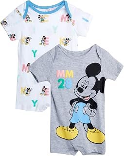 Disney Baby Boys' Mickey Mouse 2 Pack Short Sleeved Romper with Snap Closure (Newborn/Infant)