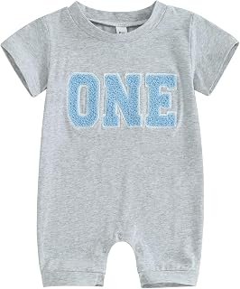 Newborn Baby Girl Boy 1st Birthday Romper Casual Letter One Embroidery Short Sleeve Romper Jumpsuit Shirt for Summer