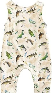WALLARENEAR Newborn Baby Sleeveless Jumpsuit Dinosaur or Fish Print Short Romper Boys Girls One Piece Summer Outfit