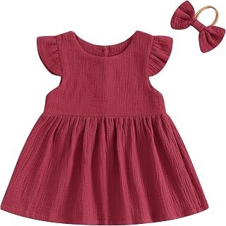 Sponsored Ad - Fernvia Toddler Baby Girl Summer Clothes Fly Sleeve Crewneck Solid Color Girl Dress with Headband Infant Ou...
