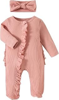 Newborn Infant Girl Footies Romper Solid Color Frills Baby Jumpsuit Zip Up Onesie Clothes Headband 0-12M