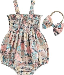 Infant Baby Girl Summer Outfit Clothes Sleeveless Smocked Cotton Linen Romper with Headband