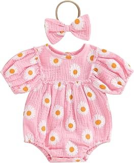 Baby Girl Rompers Daisy Print Short Sleeve Infant Bodysuit Summer Newborn Girl Linen Cotton Jumpsuit Clothes Headband