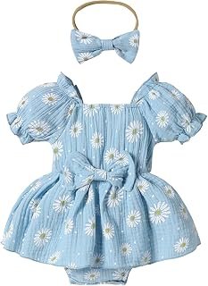 Sponsored Ad - Jeinxcn Newborn Baby Girl Clothes Daisy Romper Dress Short Sleeve Bowknot Bodysuit Onesie Summer Outfit wit...