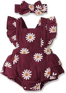Sponsored Ad - PATPAT Newborn Baby Girl Clothes Daisy Print Crepe Fabric Baby Romper Set Infant Girl Outfits 2PC Set 100% ...