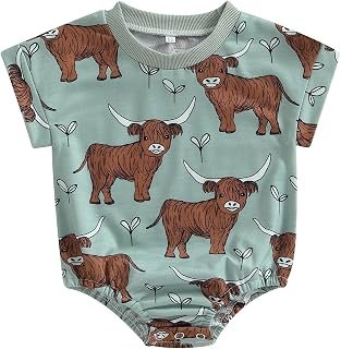 Dewadbow Western Baby Boy Clothes Highland Cow Print Bubble Romper Oversized Short Sleeve T Shirt Romper Cowboy Summer Outfit