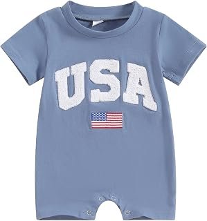 Shejingb Baby Boy Girl 4th of July Outfit Newborn USA Romper Letter Embroidery Sleeveless Bodysuit Fourth of July Clothes