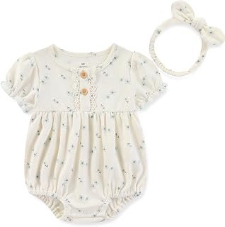 Ruliby Baby Girls Clothes Set Cotton Floral Bodysuit Dress with Headpiece for 3-24 Months