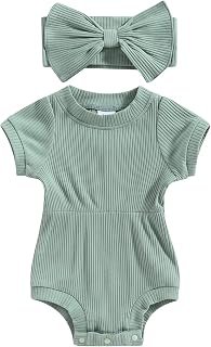Karwuiio Newborn Baby Girl 2 Piece Outfits Short Sleeve Knit Jumpsuit Romper with Headband Summer Clothes