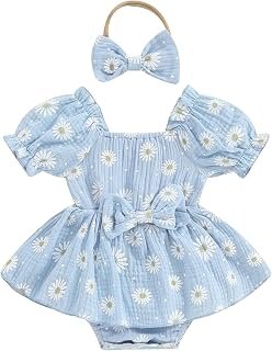 Baby Girls Daisy Romper Bowknot Bodysuit+Headband Short Sleeve Playsuits Floral Jumpsuit Infant Summer Clothes