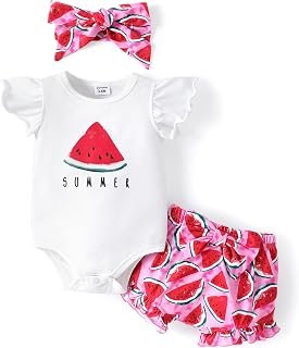Sponsored Ad - PATPAT Infant Baby Girls Clothes Set Ruffle Short Sleeve Romper Tops and Fruit-Print Shorts Outfits with He...