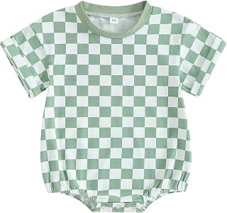 KtwHarnu Unisex Baby Boy Girl Summer Clothes Checkered Bubble Romper Oversized Short Sleeve Romper Newborn Summer Outfit