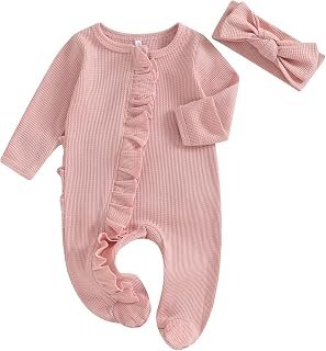Ayalinggo Newborn Baby Girl Footie Waffle Knit Romper Zippers Ruffle Jumpsuit Fall Winter Clothes